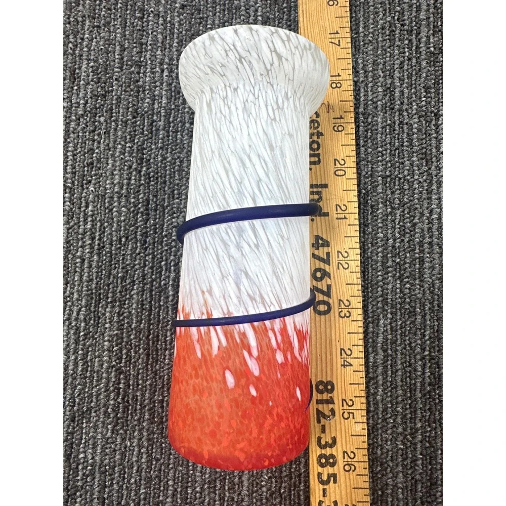 Cavalier Glass Art Vase Red White Frosted Hand Blown Blue Spiral Wrap 8.5 inch